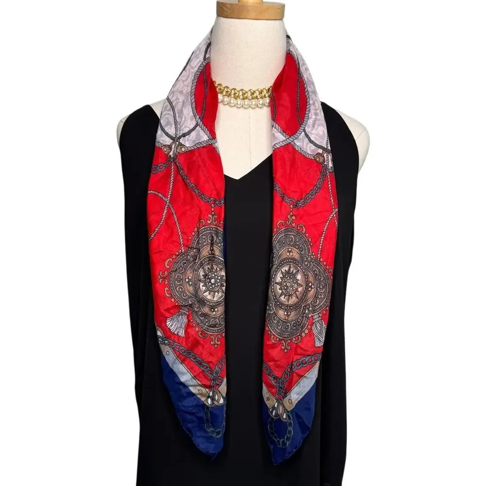 Golden Dragon brand 100% silk preppy nautical silk scarf red blue 32 x 33.5